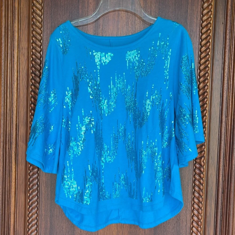 Justice Blue Cotton Bell Sleeve Sequined Top Girls 12